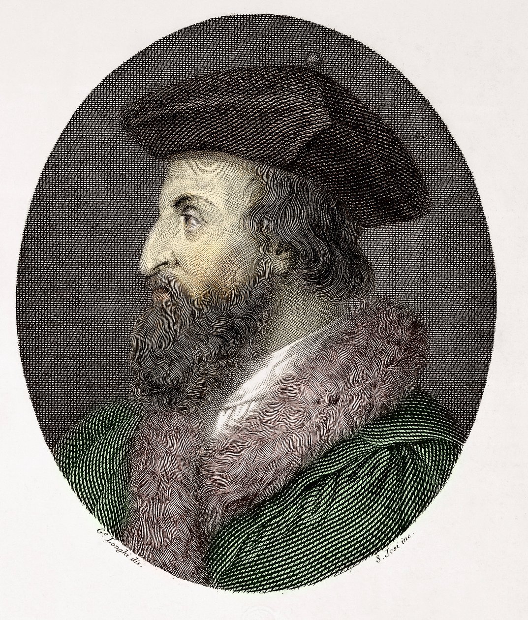 Porträt des italienischen Arztes, Dichters und Humanisten Girolamo Fracastoro (Hieronymus Fracastorius oder Jerome Fracastor) (1478/83-1553) Gravur von Giuseppe (after) Longhi