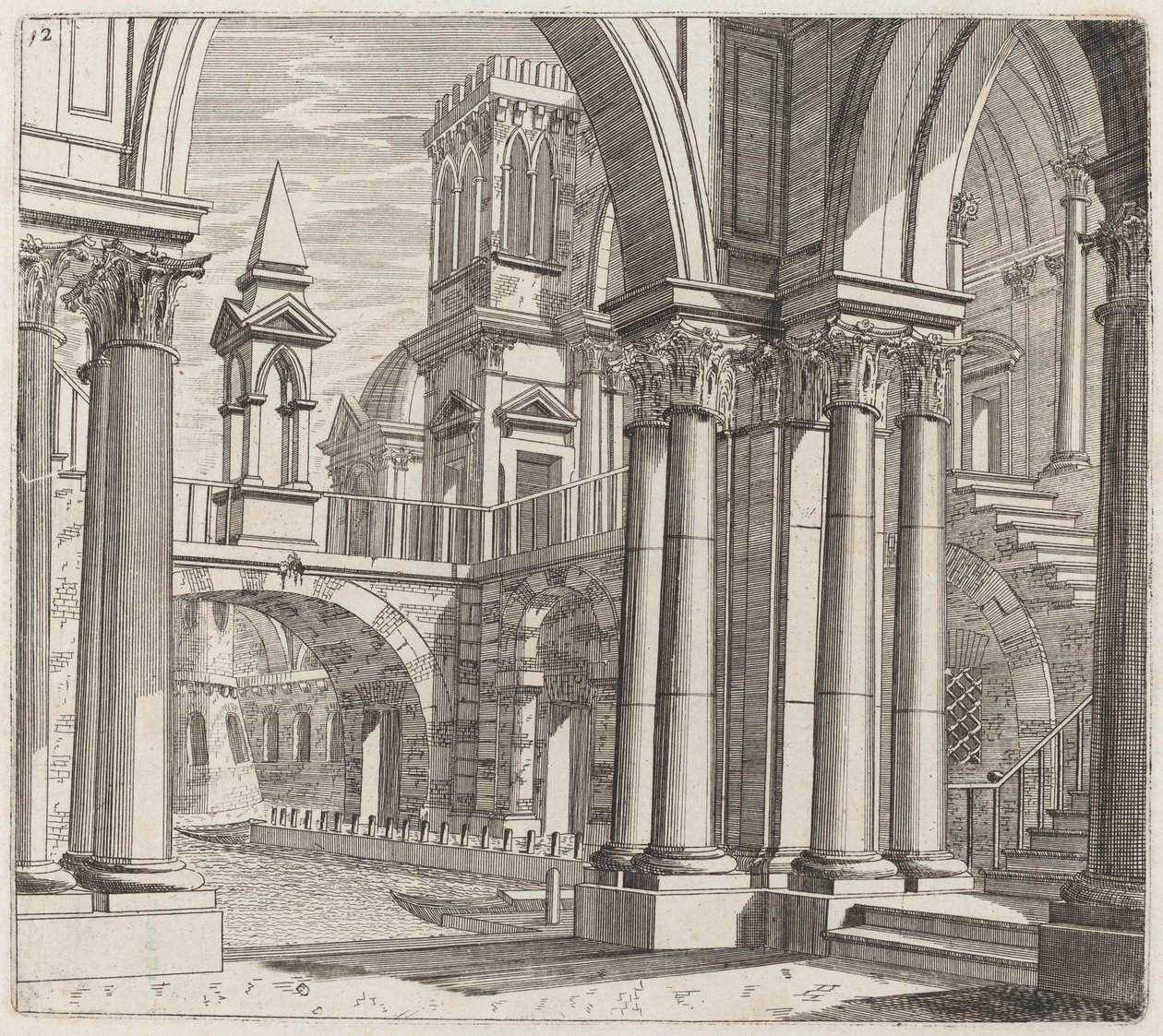 Architektonische Fantasie mit Gebäuden, Treppen und Portalen an einem Kanal von Giuseppe Antonio Landi