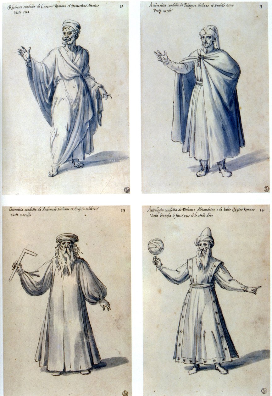 Kostümentwurf für klassische Figuren. Oben L: Cicero. Oben R: Euklid. Unten L: Archimedes. Unten R: Ptolemäus von Alexandria. Guiseppe Arcimboldo (c1530-1593) italienischer Maler. von Giuseppe Arcimboldo
