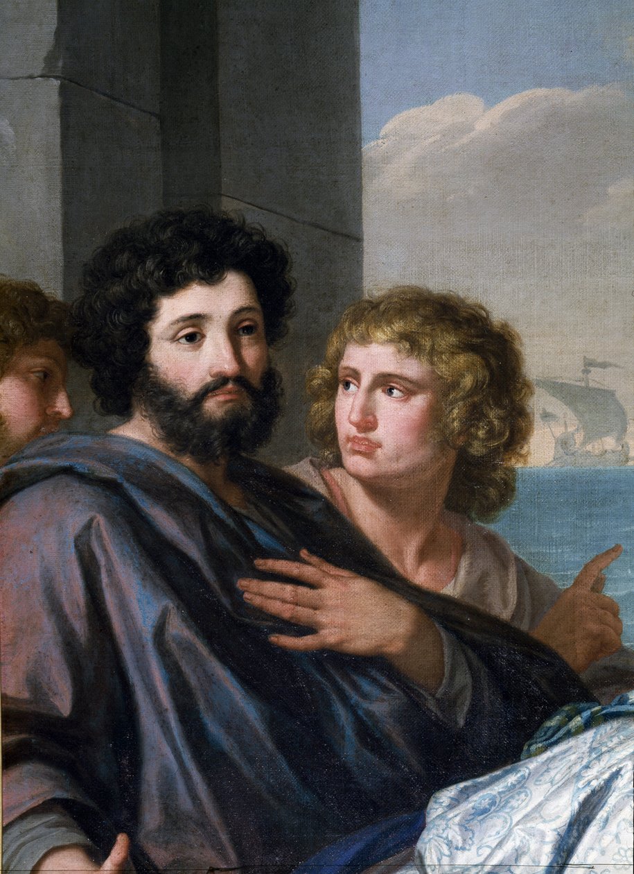 Heilige Paula (Santa Paola Romana) auf dem Weg ins Heilige Land. Eine Witwe im Alter von 33 Jahren, folgte sie dem Heiligen Hieronymus und reiste mit ihrer Tochter Sainte Eustochium 385 auf eine Pilgerreise zu den Heiligen Stätten. Detail eines bärtigen Ma von Giuseppe Bottani
