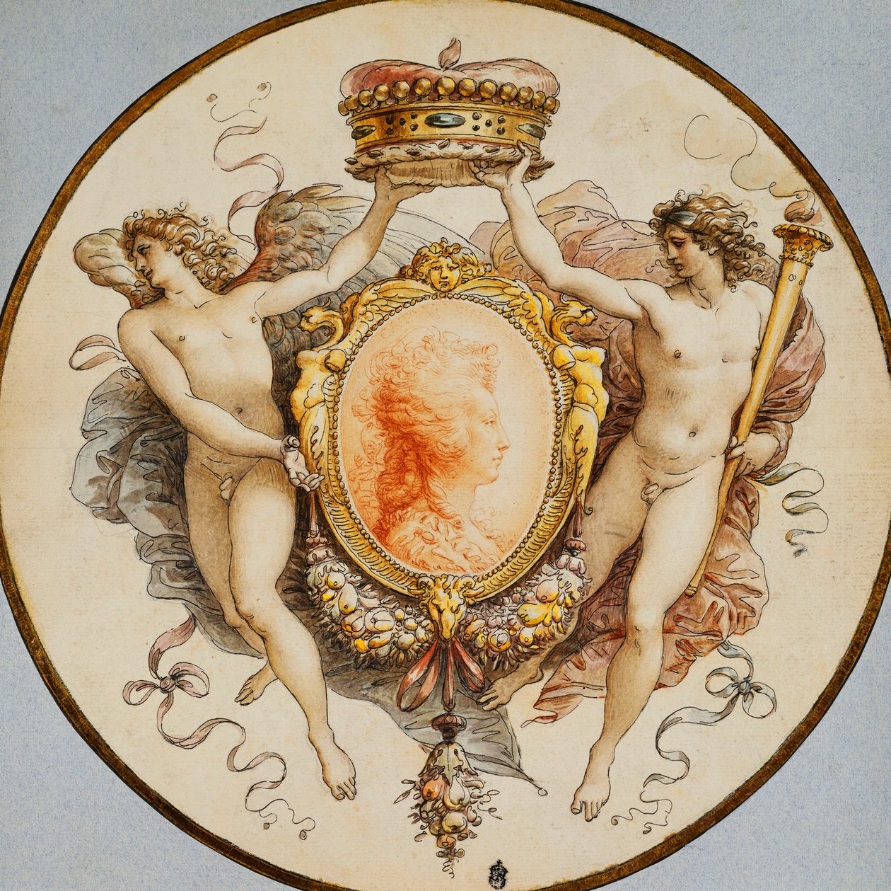 Ovales Porträt einer Frau im Profil mit dekorativem Rand aus Grotesken und Girlanden, flankiert von allegorischen Figuren des Ruhms und des Sieges, die eine Krone halten von Giuseppe Cades