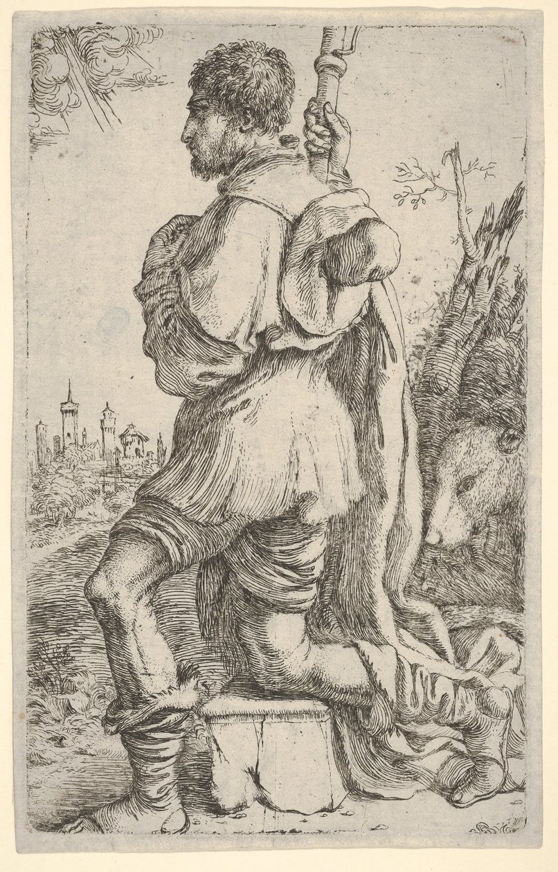 Heiliger Rochus, kniend auf einem Stein, von der Seite gesehen mit seinem Hund dahinter, 1620-30 von Giuseppe Caletti