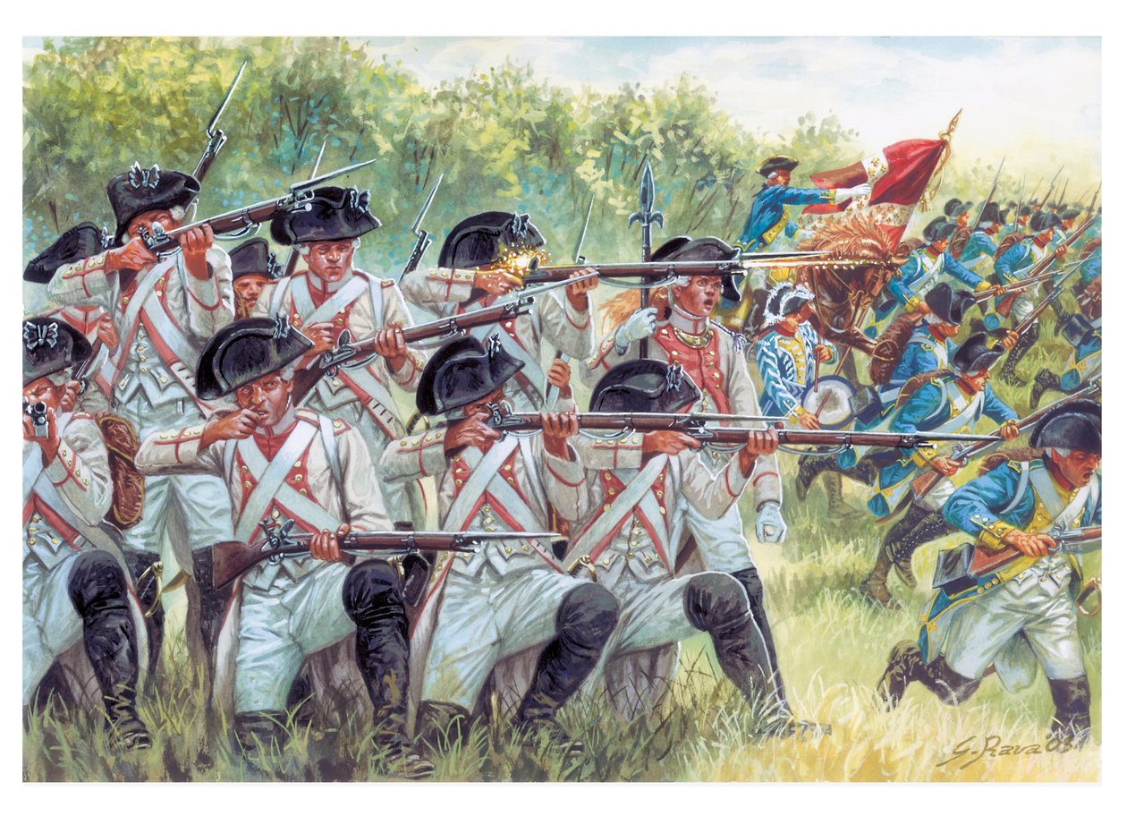 Amerikanischer Unabhängigkeitskrieg: französische Regimenter kämpfen mit Amerikanern - Illustration von Giuseppe Rava von Giuseppe Rava