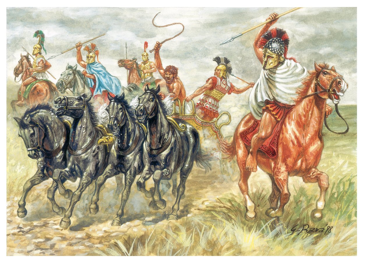 Antikes Griechenland: Griechische Kavalleriesoldaten und Streitwagen - Illustration von Giuseppe Rava von Giuseppe Rava