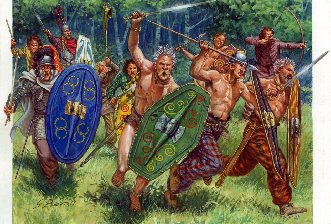 Antike: der Angriff der gallischen Krieger, links ein Krieger in Kettenhemd - Illustration von Giuseppe Rava von Giuseppe Rava
