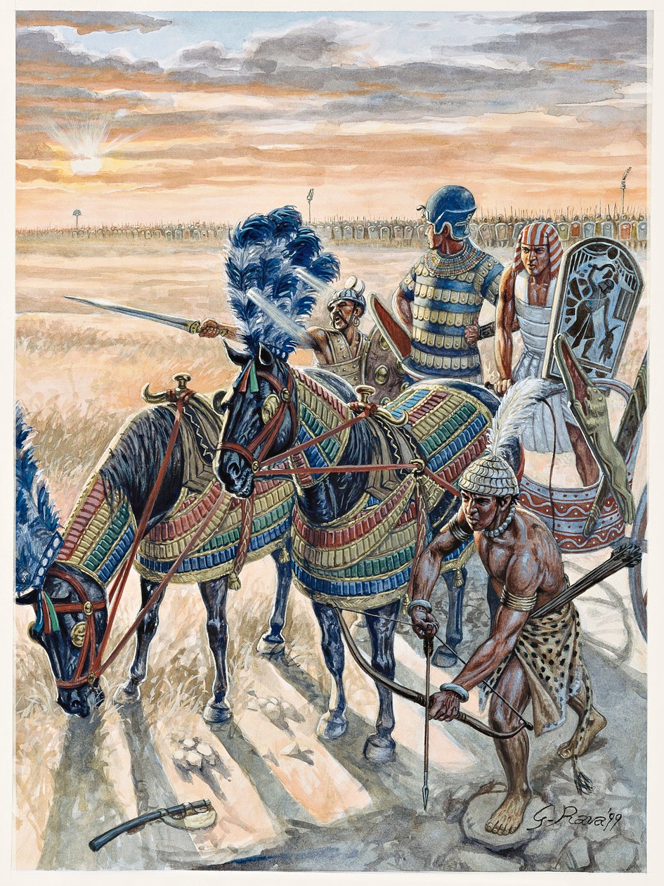 Ägyptische Antike: Darstellung des Pharaos Ramses II. mit seiner Armee - Illustration von Giuseppe Rava von Giuseppe Rava