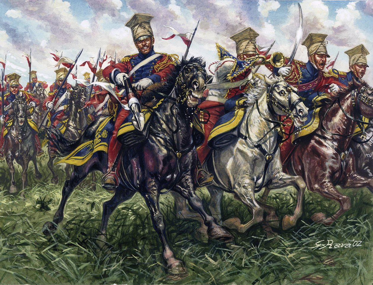 Erstes Kaiserreich: Die Roten Lanzen oder Regiment der Pferdejäger der Kaiserlichen Garde während der Schlacht bei Waterloo am 18.06.1815 von Giuseppe Rava