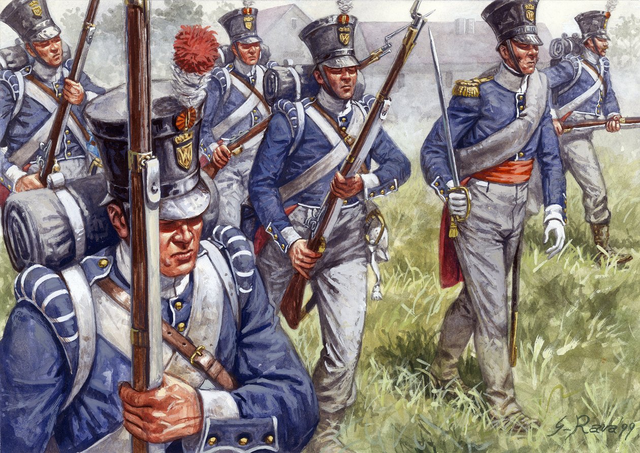 Erstes Kaiserreich: Belgische oder niederländische Infanterie um 1815 - Illustration von Giuseppe Rava von Giuseppe Rava