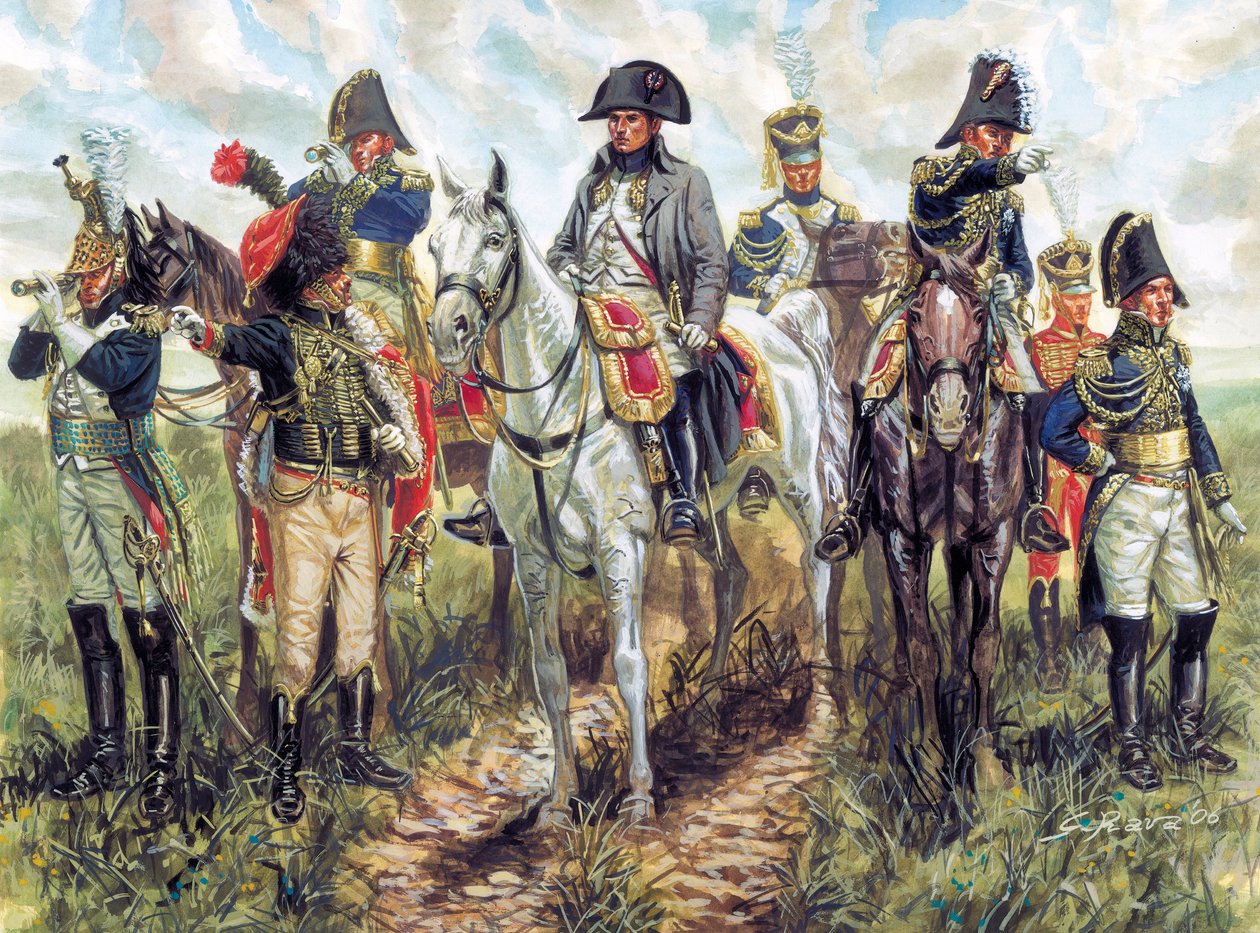 Porträt von Napoleon I. (1769-1821) und seinem Stab (Illustration von Giuseppe Rava) von Giuseppe Rava