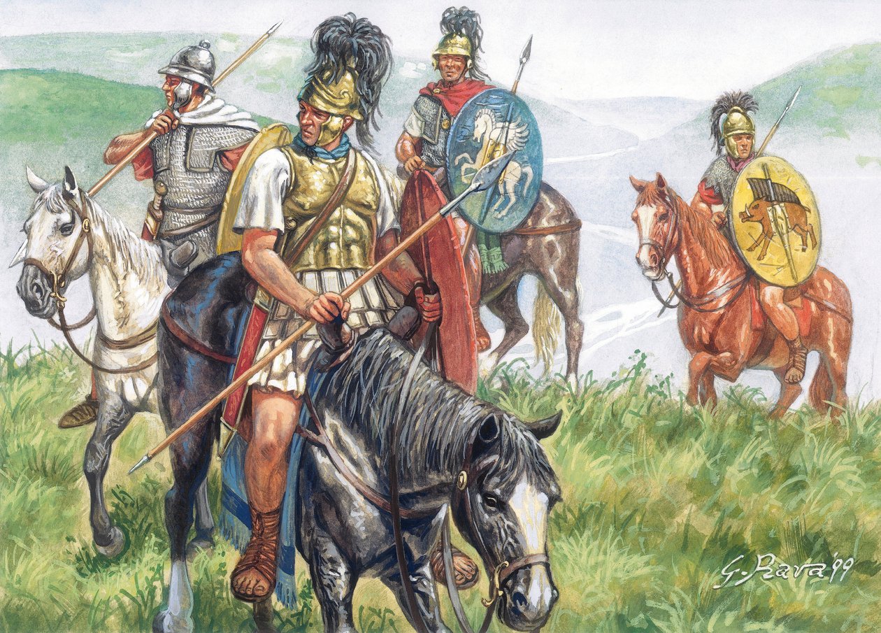 Römische Antike (Republik): Eine Gruppe römischer Reiter - Illustration von Giuseppe Rava von Giuseppe Rava