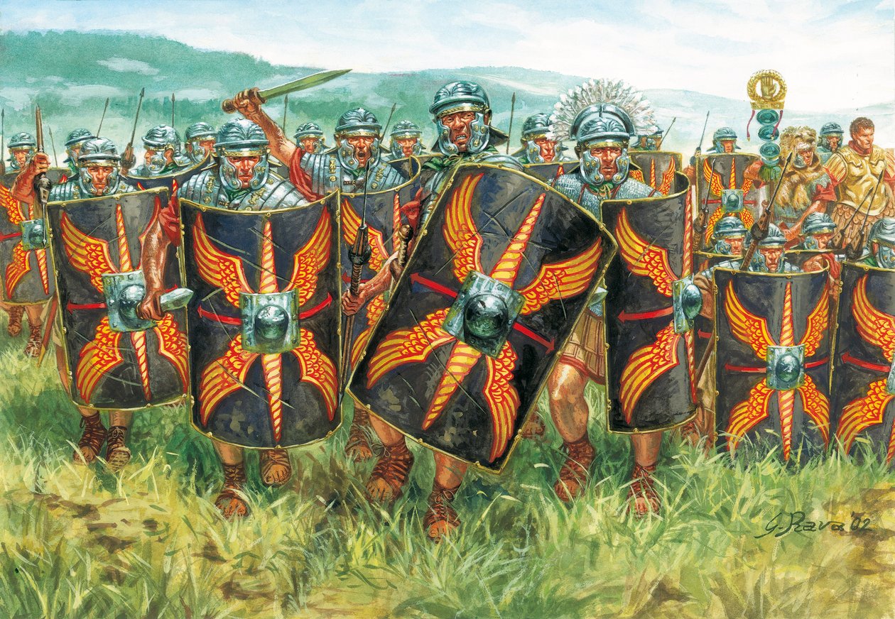 Römische Antike: Eine Gruppe römischer Legionäre (Illustration von Giuseppe Rava) von Giuseppe Rava
