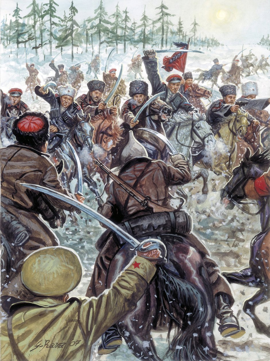 Russischer Bürgerkrieg (1917-1923): Kaukasische Soldaten an der Seite der Weißen Armeen im Jahr 1919 - Illustration von Giuseppe Rava von Giuseppe Rava