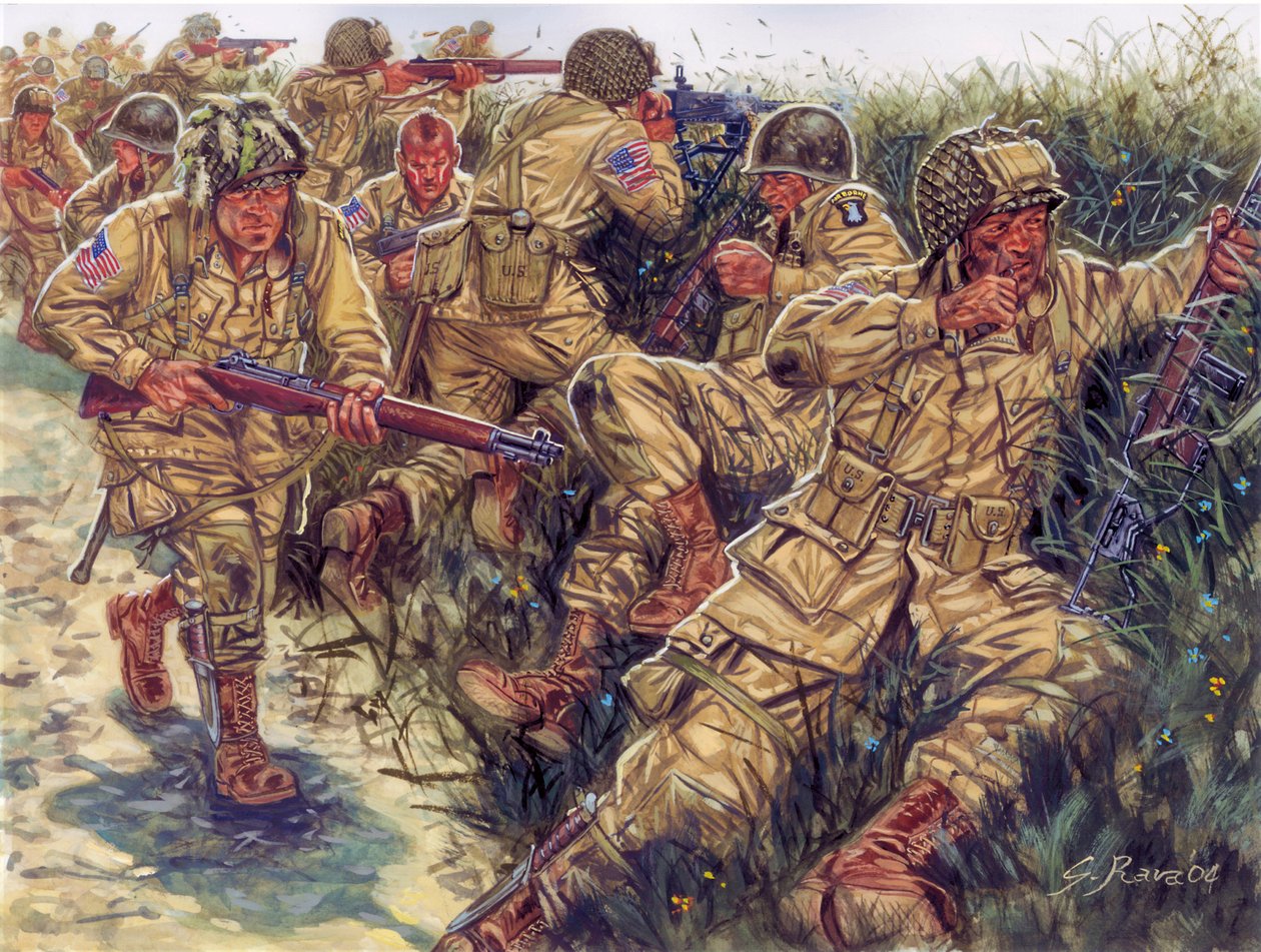 Zweiter Weltkrieg: 101. Luftlandedivision (101. US-Luftlandedivision) mit dem Spitznamen Screaming Eagles - Illustration von Giuseppe Rava von Giuseppe Rava