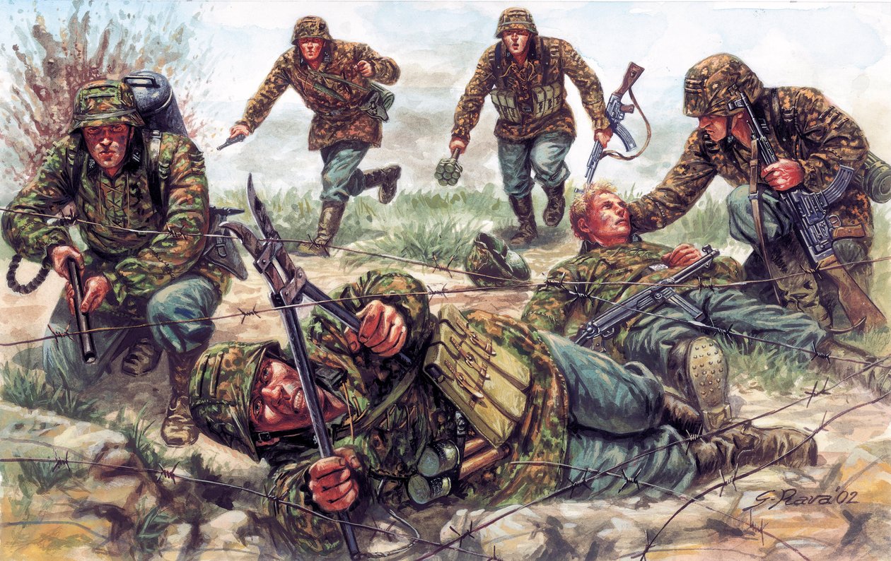 Zweiter Weltkrieg: Soldaten der Sturmtruppen, einer Eliteeinheit der deutschen Kaiserlichen Armee, einer von ihnen schneidet Stacheldraht von Giuseppe Rava