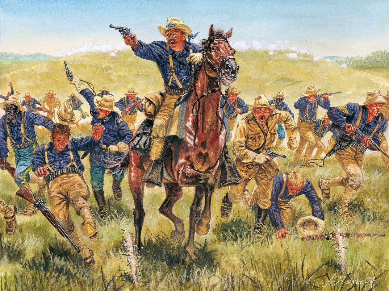 Spanisch-Amerikanischer Krieg oder Kubanischer Unabhängigkeitskrieg (1868-1898) zwischen Spanien und Nordamerika: Porträt des amerikanischen Soldaten und Politikers Theodore Roosevelt (1858-1919), der mit den Rough Riders in Kuba angreift - Spanisch-Amerik von Giuseppe Rava