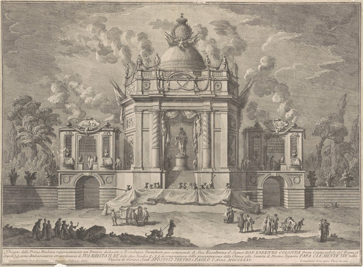 Die Prima Macchina für die Chinea von 1771: Der Tempel des Asklepios, 1771 von Giuseppe Vasi