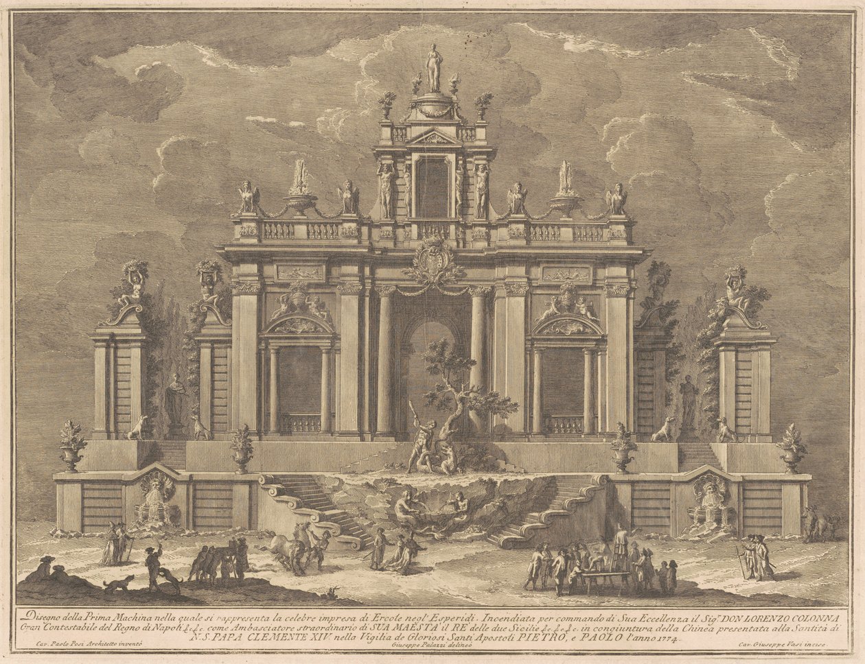 Die Prima Macchina für die Chinea von 1774: Herkules und der Drache im Garten der Hesperiden von Giuseppe Vasi, after Giuseppe Palazzi, after Paolo Posi
