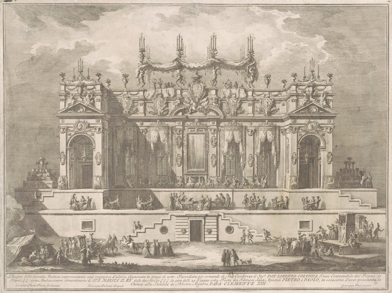 Die Seconda Macchina für die Chinea von 1764: Eine prächtige Galerie, die nachts beleuchtet wird von Giuseppe Vasi, after Giuseppe Palazzi, after Paolo Posi