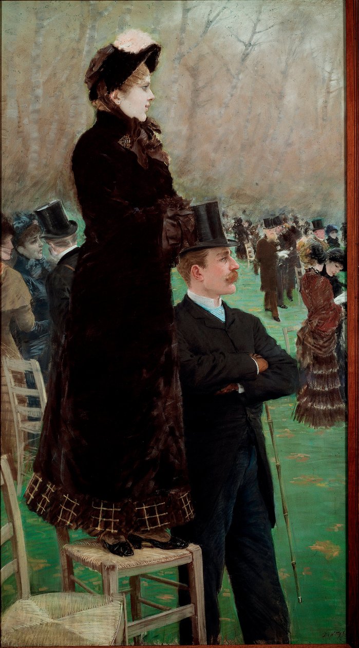 Die Rennen im Bois de Boulogne. Zuschauer beobachten Pferderennen von Giuseppe or Joseph de Nittis