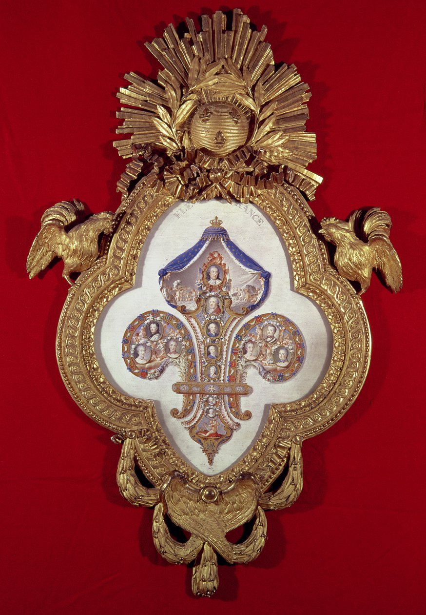 Die Blume Frankreichs, genealogischer Baum mit dreizehn Porträts von Ludwig XV. (1710-74) und seinen Nachkommen in einem fleur-de-lys-förmigen Rahmen, 1765 (Gold und Emaille) von Glokeur de Surchamps