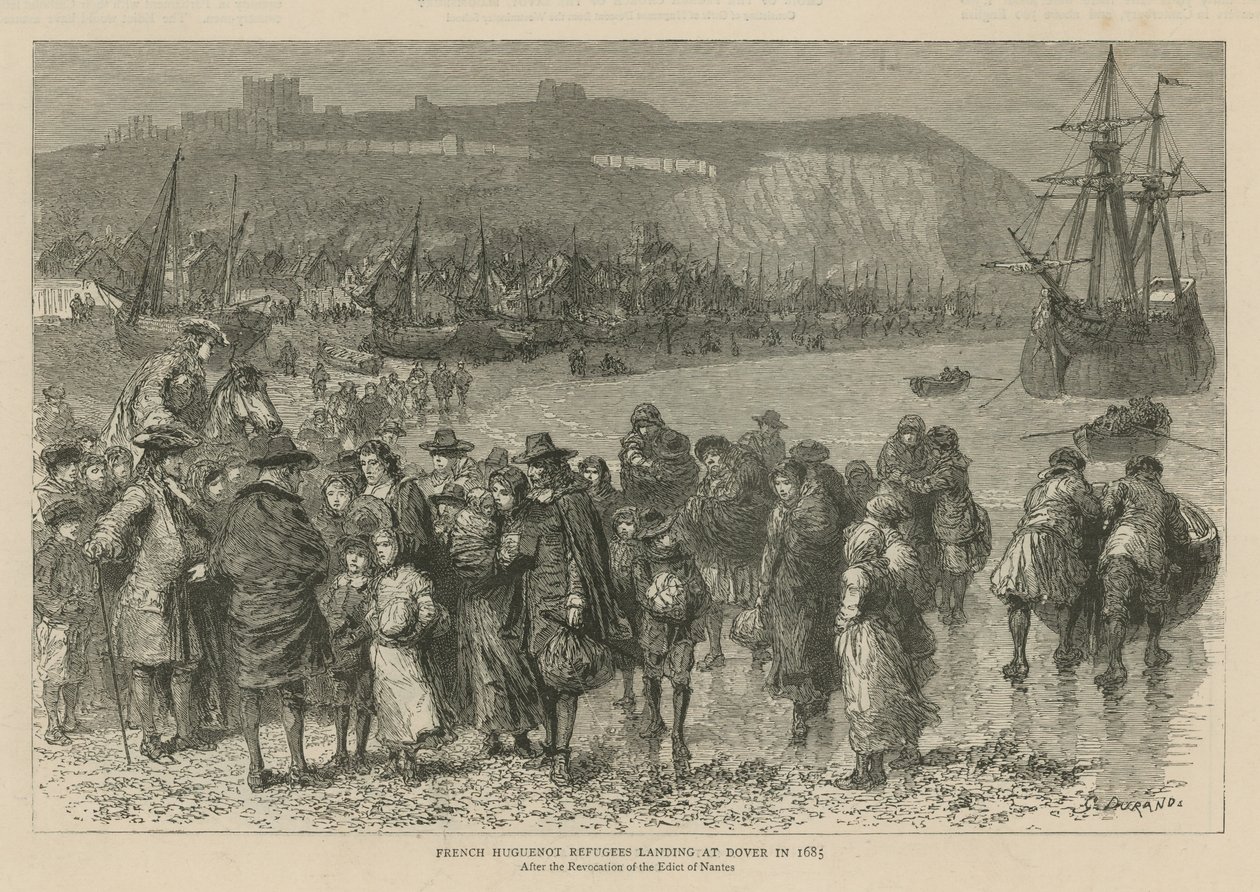 Die Hugenotten in England: Französische Hugenottenflüchtlinge landen 1685 in Dover (Gravur) von Godefroy Durand