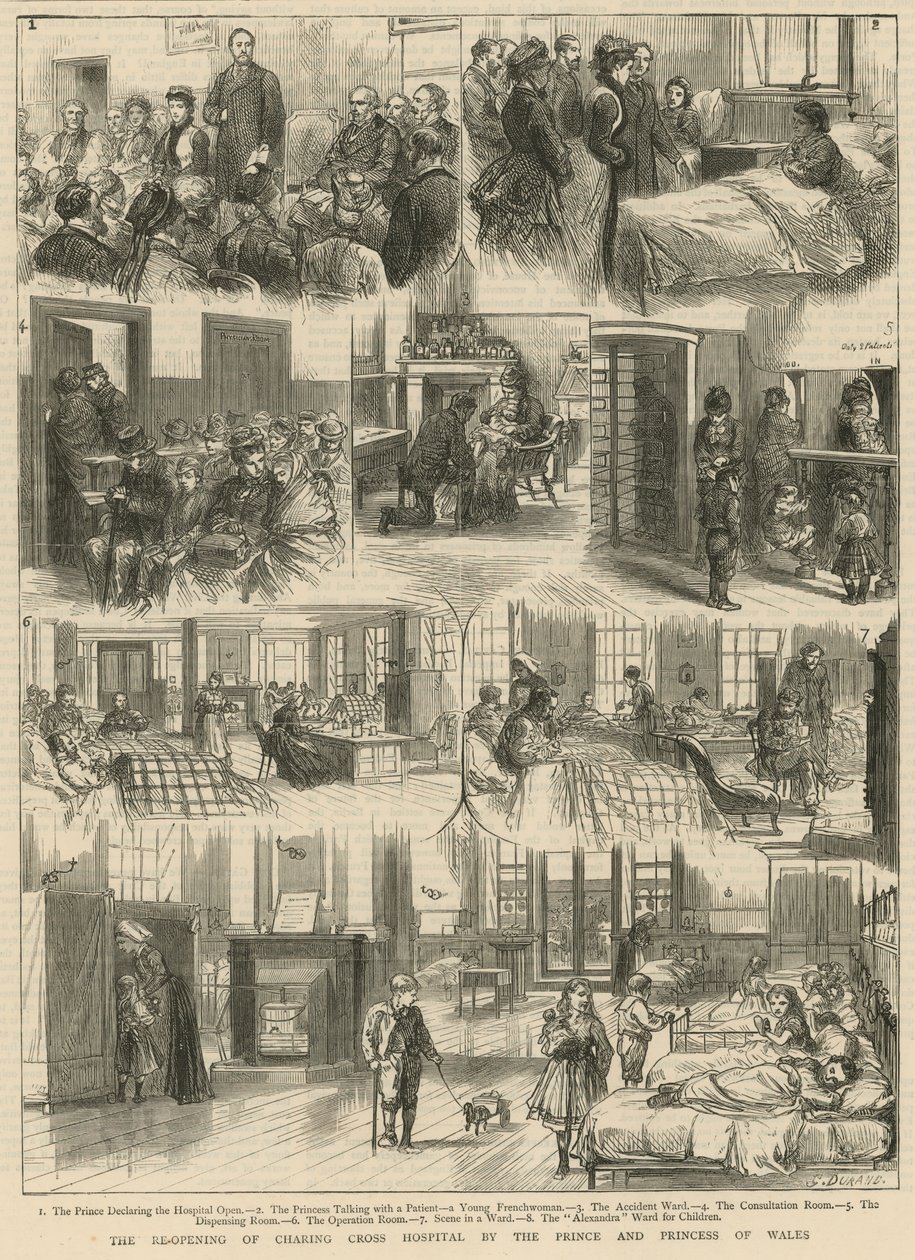 Die Wiedereröffnung des Charing Cross Hospital durch den Prinzen und die Prinzessin von Wales (Gravur) von Godefroy Durand