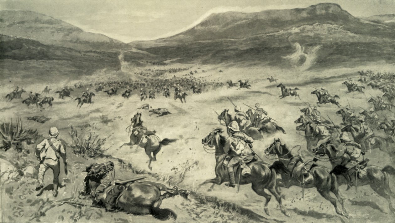 Der letzte Widerstand der Buren vor Kimberley - Angriff der britischen Kavallerie, 1900 von Godfrey Douglas Giles