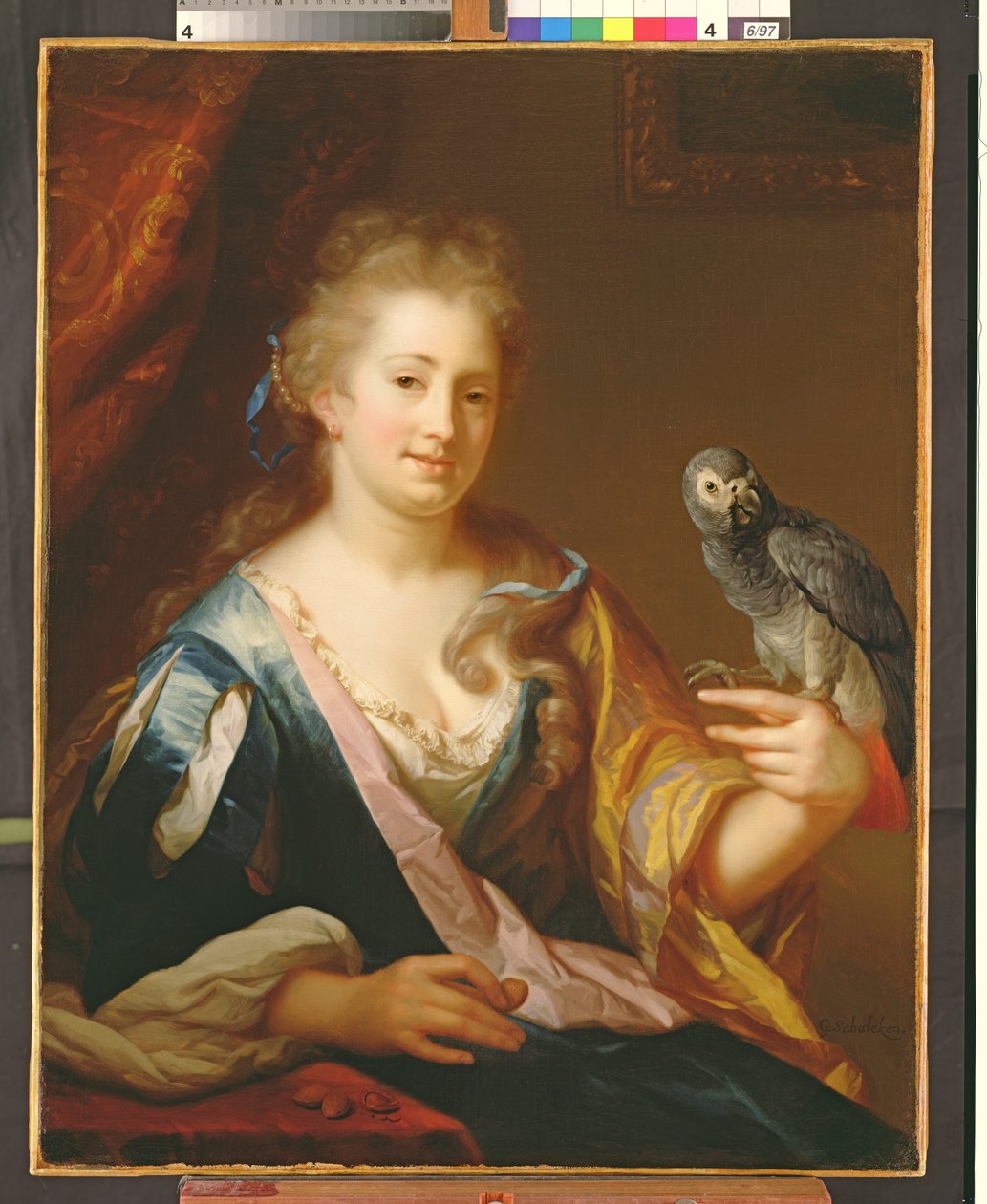 Porträt einer Dame, die einen Papagei füttert von Godfried Schalcken