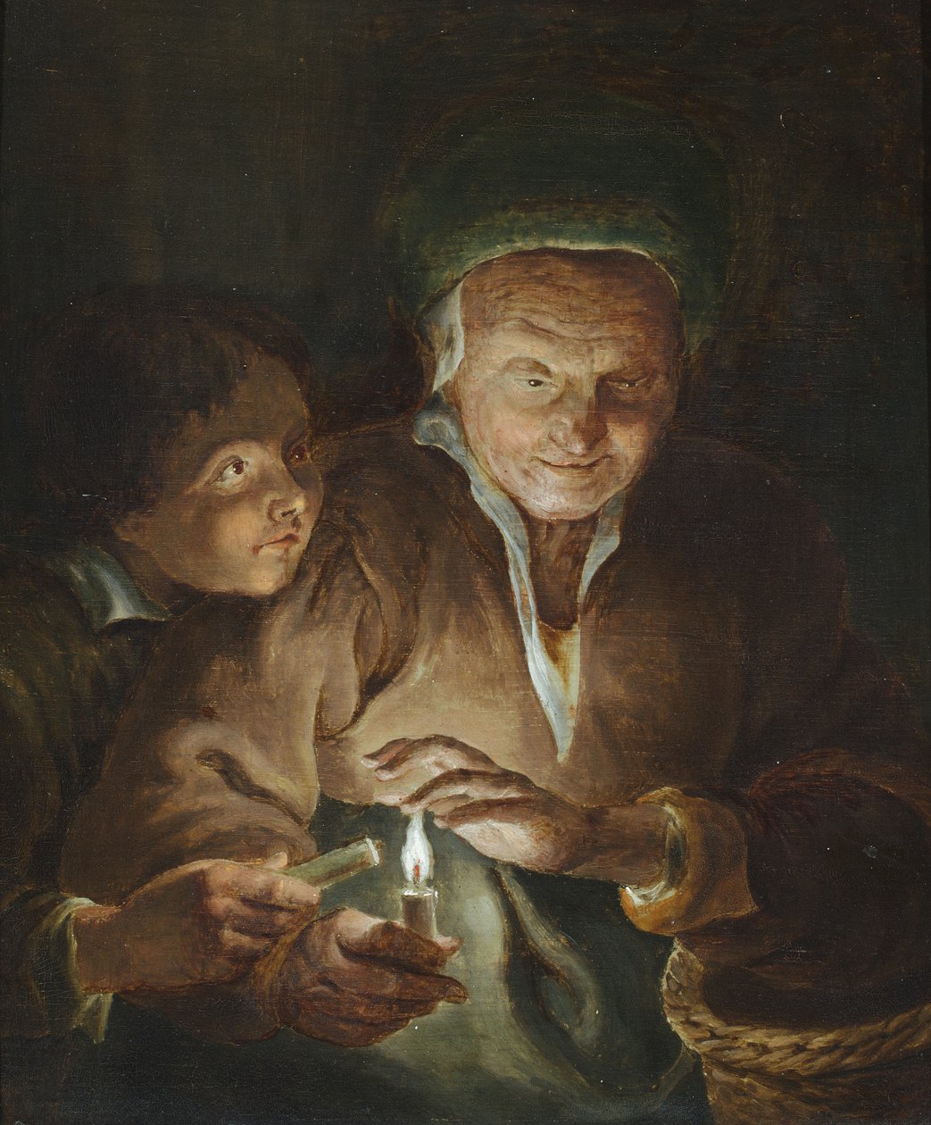 Eine alte Frau und ein Junge mit Kerzen in einem Innenraum von Godfried (after) Schalken or Schalcken