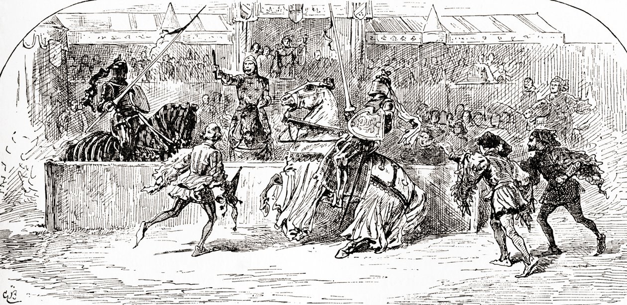 Szene aus William Shakespeares Stück König Richard II., Akt I, Szene 3, Mar: Bleib, bleib, der König hat seinen Stab niedergeworfen, aus Die Werke von William Shakespeare, veröffentlicht 1896 von Gordon Frederick Browne