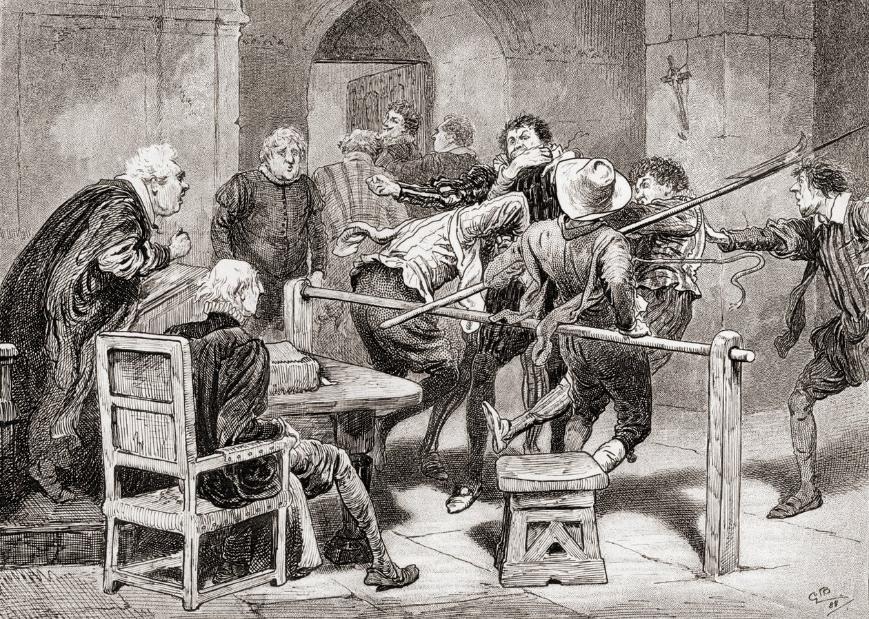 Szene aus William Shakespeares Stück Viel Lärm um nichts, Akt IV, Szene 2, Dogberry: Verdächtigst du nicht meinen Platz? Verdächtigst du nicht meine Jahre?, aus Die Werke von William Shakespeare, veröffentlicht 1896 von Gordon Frederick Browne