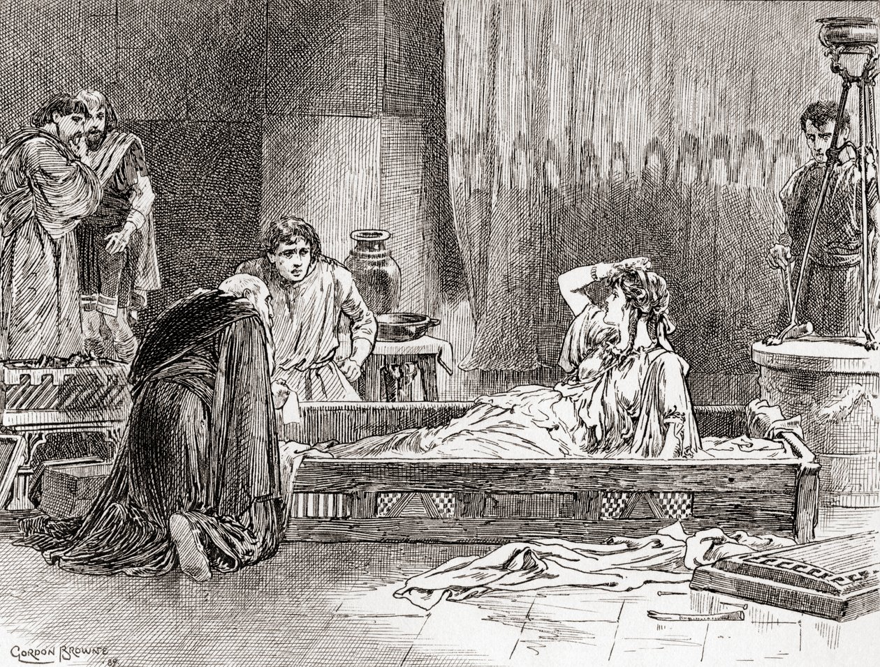 Szene aus William Shakespeares Stück Perikles, Prinz von Tyrus, Akt III, Szene 2, Thaisa: O, liebe Diana, wo bin ich? Wo ist mein Herr? Was für eine Welt ist das?, aus Die Werke von William Shakespeare, veröffentlicht 1896 von Gordon Frederick Browne