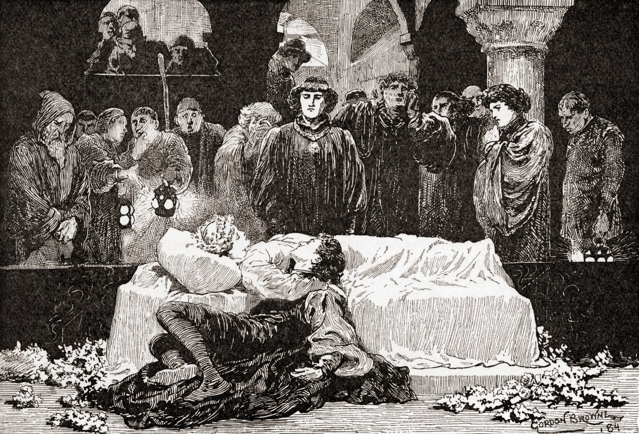 Prinz: Denn nie war eine Geschichte von größerem Leid als diese von Julia und ihrem Romeo, Szene aus William Shakespeares Stück Romeo und Julia, Akt V, Szene 3, aus Die Werke von William Shakespeare, veröffentlicht 1896 von Gordon Frederick Browne