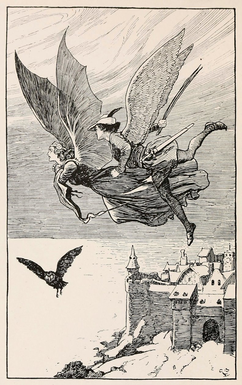 Der Reisegefährte flog hinter ihr her, aus Märchen von Hans Andersen von Gordon Browne