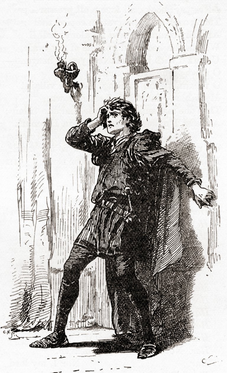 Szene aus William Shakespeares Stück Hamlet, Akt I, Szene 5, Hamlet: Erinnere dich! Ja, du armer Geist, solange das Gedächtnis einen Platz in dieser verwirrten Welt hat, aus Die Werke von William Shakespeare, veröffentlicht 1896 von Gordon Frederick Browne
