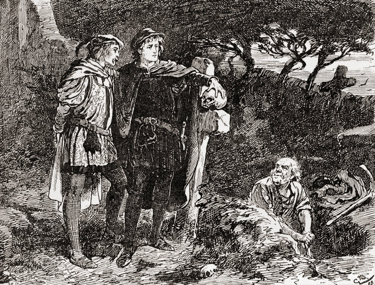 Szene aus William Shakespeares Stück Hamlet, Akt V, Szene 1, Hamlet: Ich kenne ihn, Horatio, ein Mann von unendlichem Witz, von ausgezeichneter Fantasie, aus Die Werke von William Shakespeare, veröffentlicht 1896 von Gordon Frederick Browne