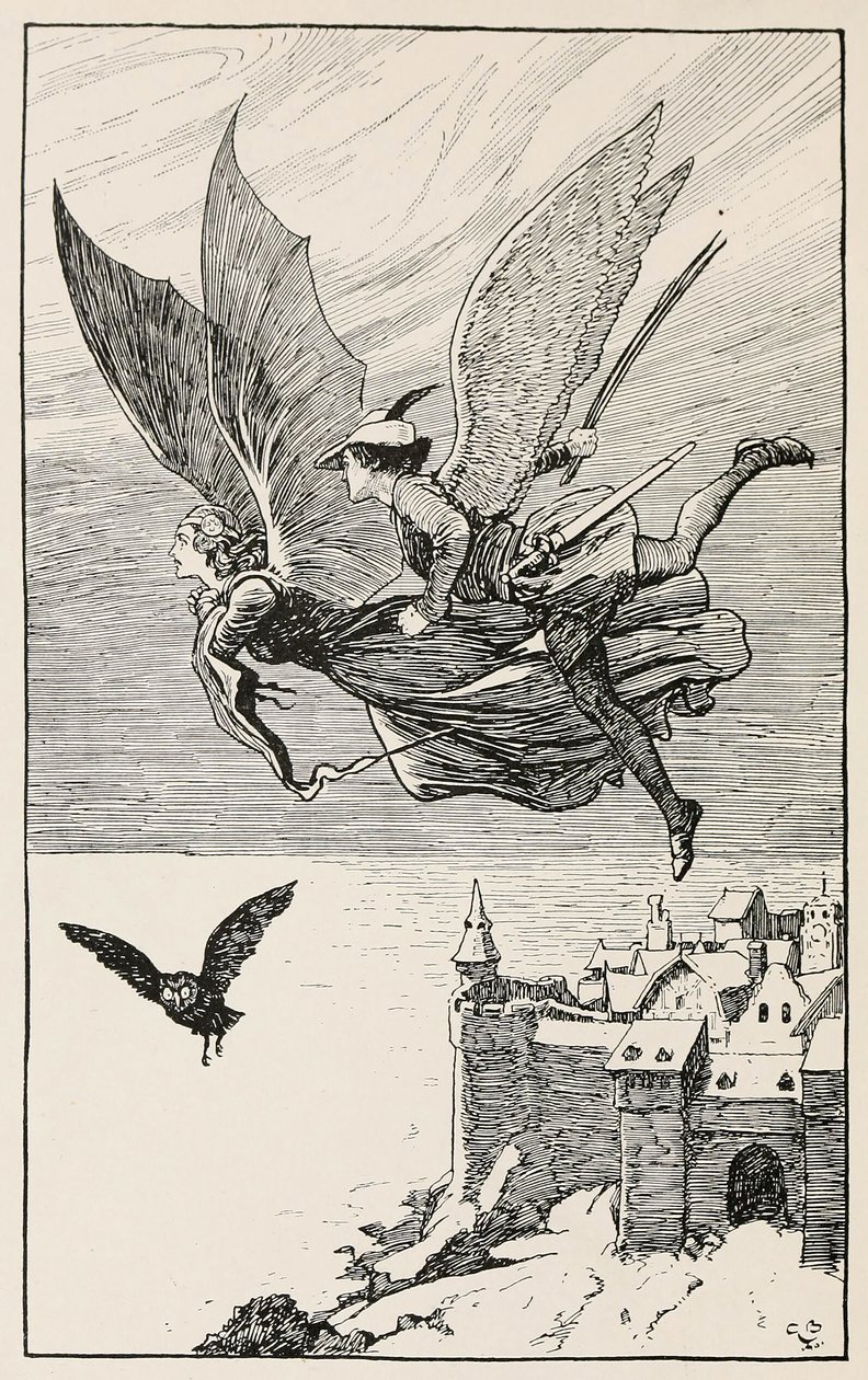 Der reisende Begleiter flog hinter ihr her, aus Märchen von Hans Anderson, veröffentlicht 1919 (Gravur) von Gordon Frederick Browne