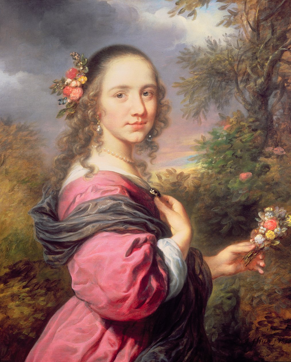 Porträt einer Dame, die ein lila Kleid trägt von Govaert Flinck