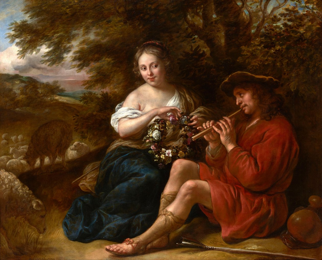 Elegante Schäferin hört einem Schäfer zu, der in einer arkadischen Landschaft Flöte spielt von Govert Flinck