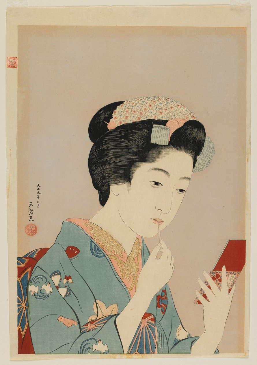 Frau trägt Lippenrouge auf, Taisho-Ära, Februar 1920 (Farbholzschnitt) von Goyo Hashiguchi