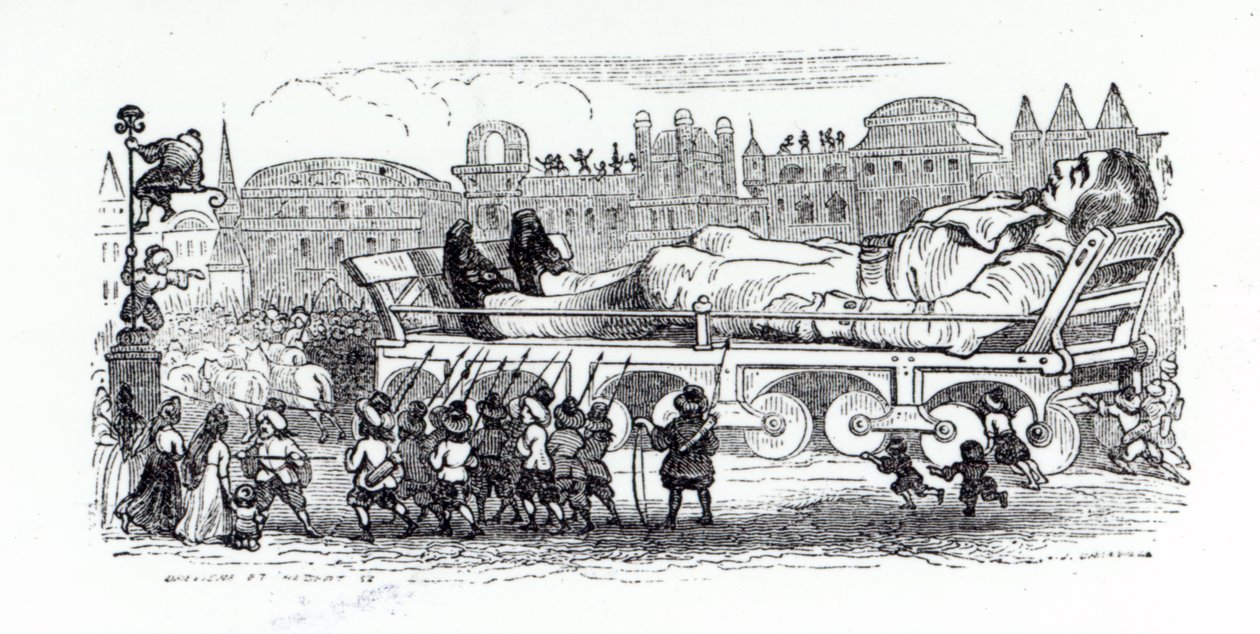 Gulliver wird in die Hauptstadt von Lilliput transportiert, eine Illustration aus 
