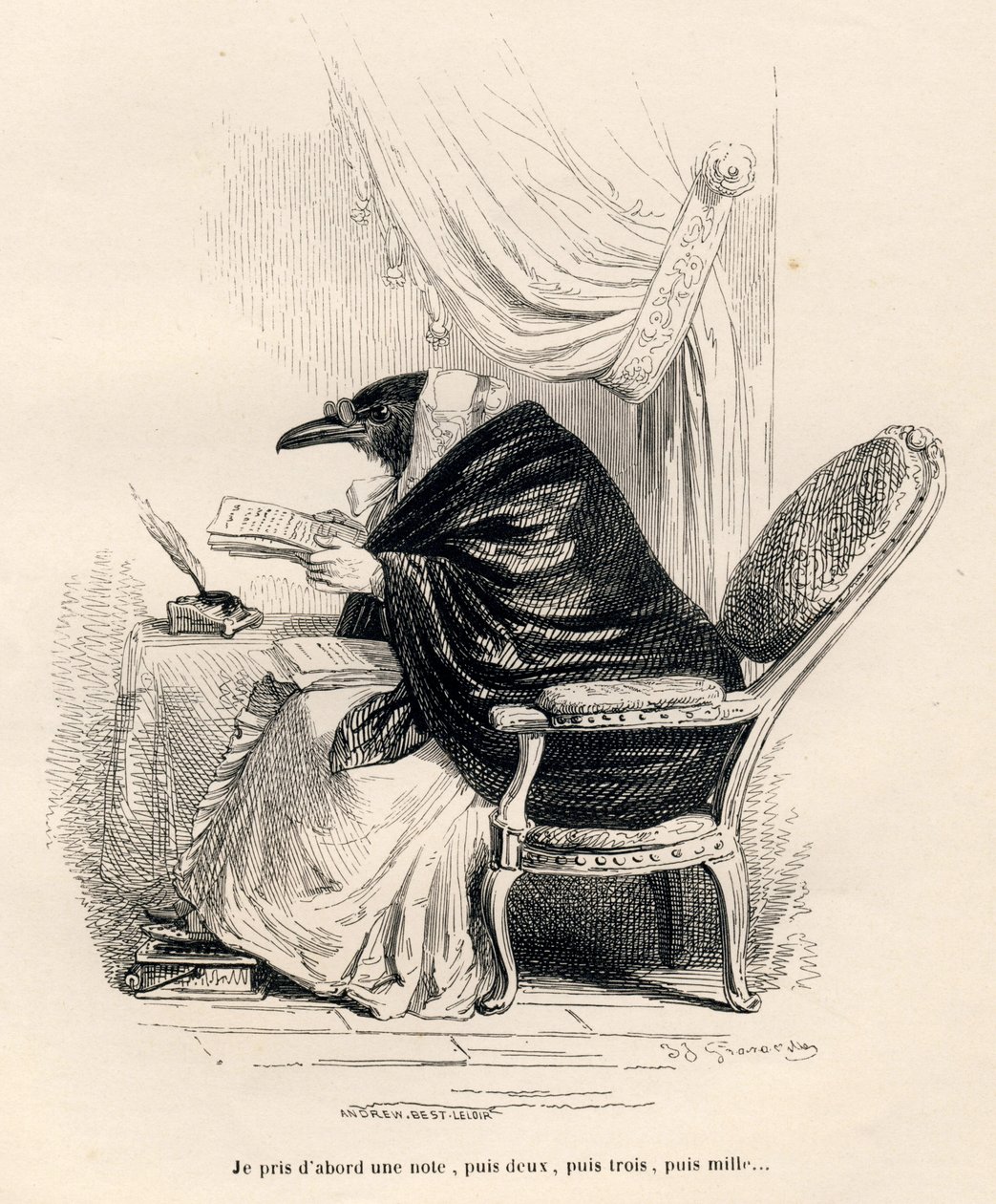 Rabe schreibt. Vignetten illustriert von JJ Granville. Gravur signiert Andrew, Best und Leloir im Teil "Erinnerungen einer alten Krähe" geschrieben von PJ Stahl in "Szenen aus dem privaten und öffentlichen Leben der Tiere". Paris, J. Hetzel und Paulin von Grandville