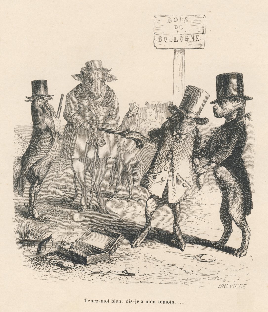 Duell im Bois de Boulogne. Vignetten illustriert von JJ Granville. Gravur signiert Breviere in der Partie "Histoire d