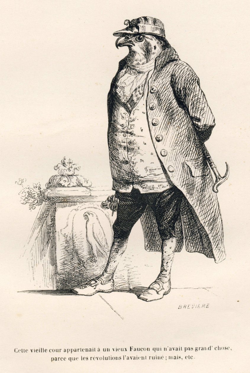 Falke ruiniert durch die Revolutionen. Vignetten illustriert von JJ Granville. Gravur signiert von Breviere im Teil "Erinnerungen einer alten Krähe" geschrieben von PJ Stahl in "Szenen aus dem privaten und öffentlichen Leben der Tiere". Paris, J. Hetzel un von Grandville