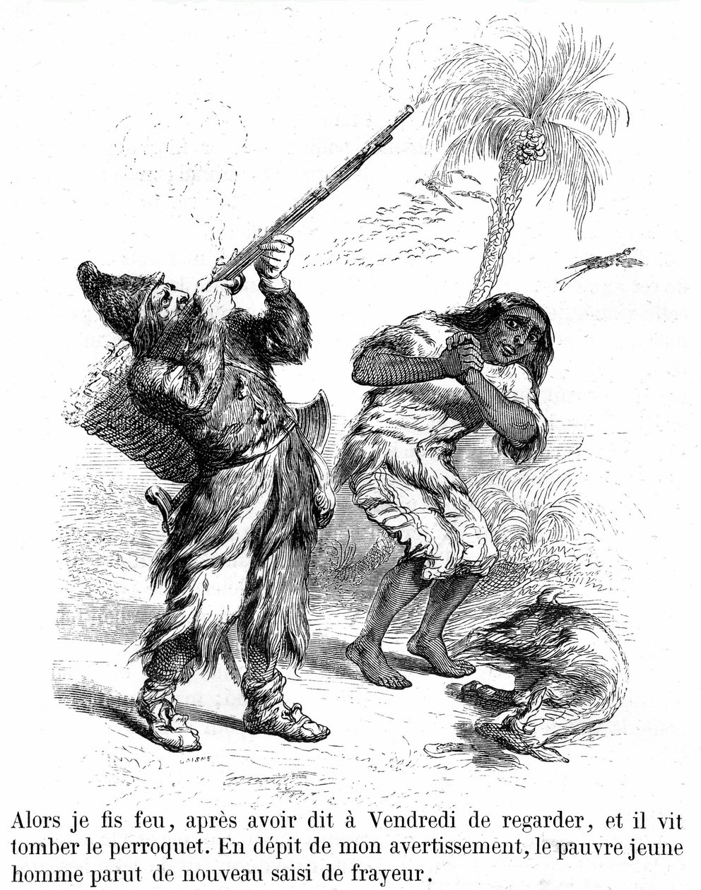 Illustration des Romans Robinson Crusoe von Daniel Defoe durch Grandville - Ausgabe Garnier 1869, S. 193. Robinson schießt mit einem Gewehr vor dem erschrockenen Freitag. von Grandville (1803 47)
