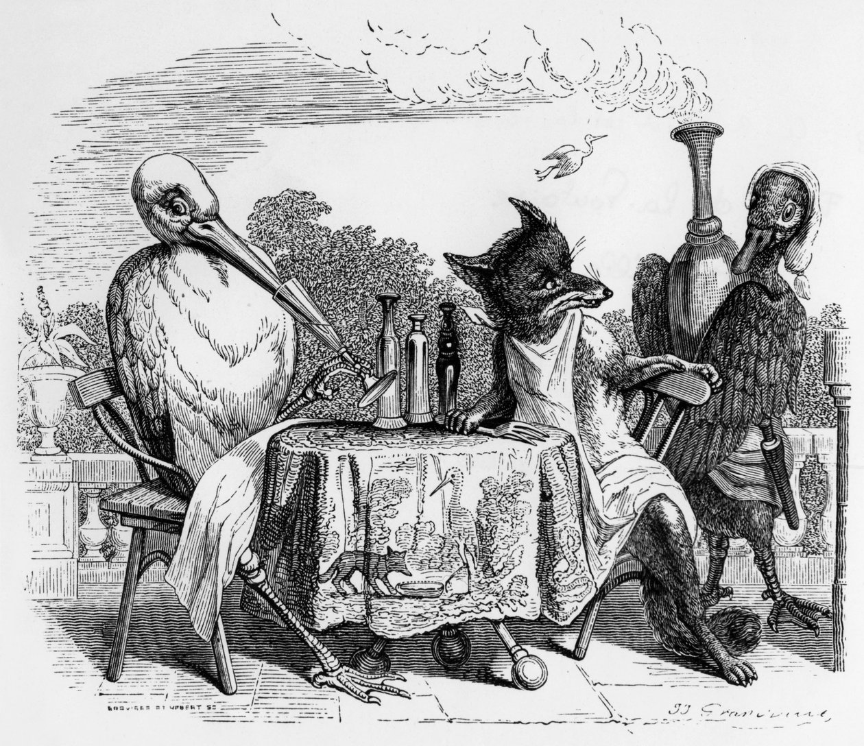 La Fontaines Fabel (von Jean de La Fontaine): Der Fuchs und der Storch, Stich von J.J. Grandville, ca. 1838-40 von Grandville (1803 47)