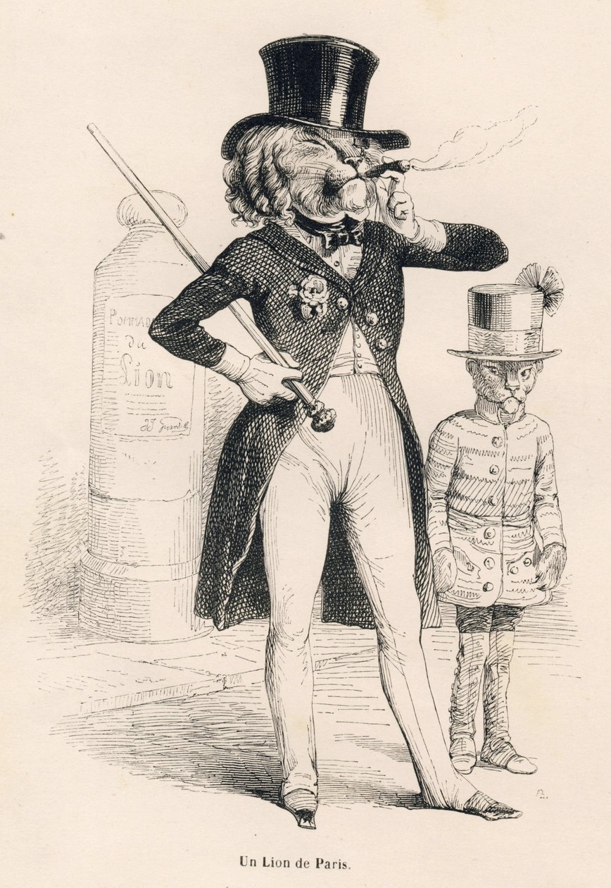 Löwe von Paris. Illustrierte Vignetten von JJ Granville. Gravur signiert Andrew, Best und Leloir im Teil "Reise eines afrikanischen Löwen nach Paris" geschrieben von Honoré de Balzac in "Szenen aus dem privaten und öffentlichen Leben der Tiere". Paris, J.  von Grandville