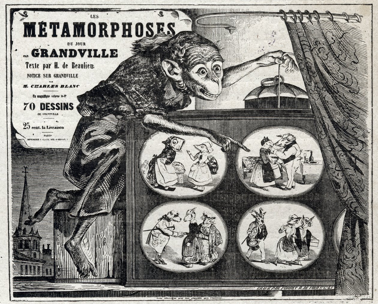 Literatur. Die tägliche Metamorphose, vom Karikaturisten Jean Jacques Grandville. Plakat, Frankreich von Grandville