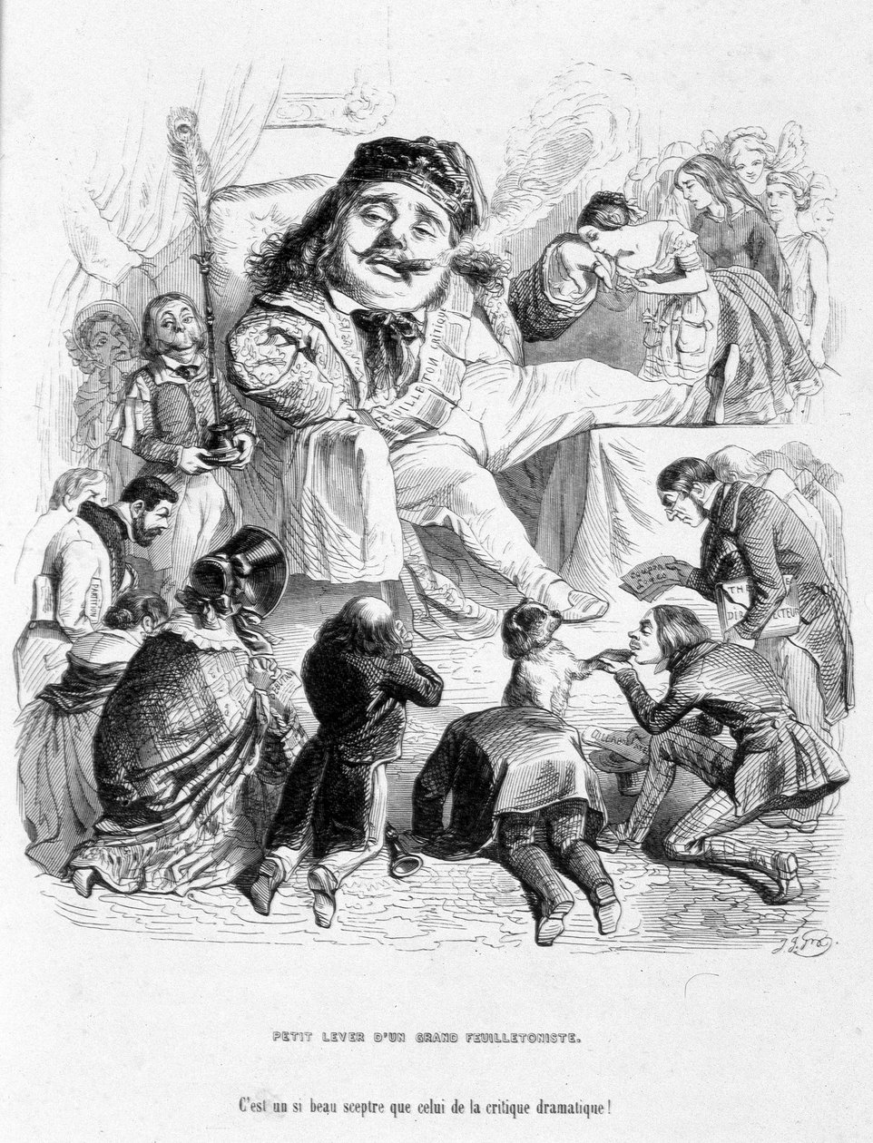 Verspottung der Macht eines dramatischen Kritikers. Karikatur in „Jérôme Paturot auf der Suche nach einer sozialen Position“ von Louis Reybaud von Grandville