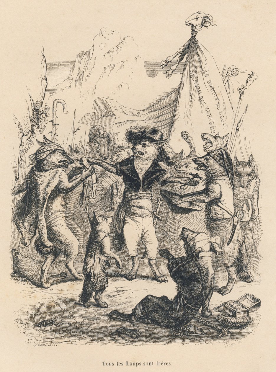 Revolution der Wölfe und Freiheit und Recht des Wolfes. Vignetten illustriert von JJ Granville. Gravur signiert Godard im Teil "Reise eines Spatzen aus Paris" geschrieben von George Sand in "Szenen aus dem privaten und öffentlichen Leben der Tiere". Paris, von Grandville